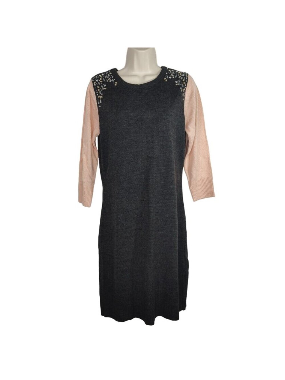 By and By Black/Gray Pink Sweater Dress Women Size XL Jewel Studs 3/4 Sleeve